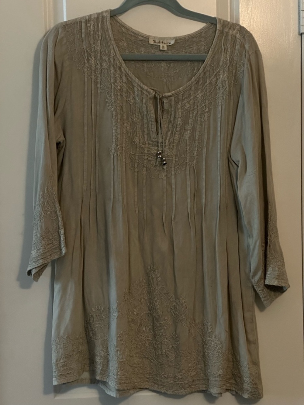 Solitaire Sage Green Embroidered Tie-Neck Tunic